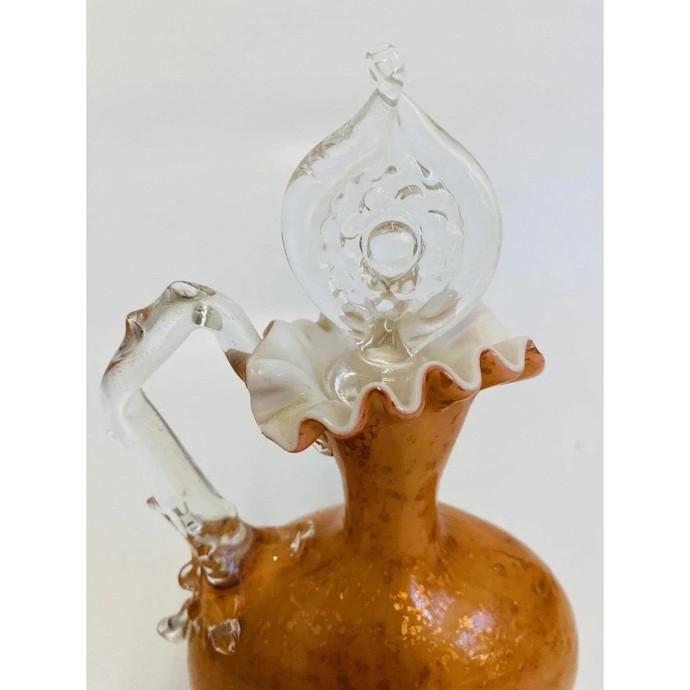 Vintage Orange Gold Aventurine Art Glass Decanter Murano‎ Style Ruffled Cruet